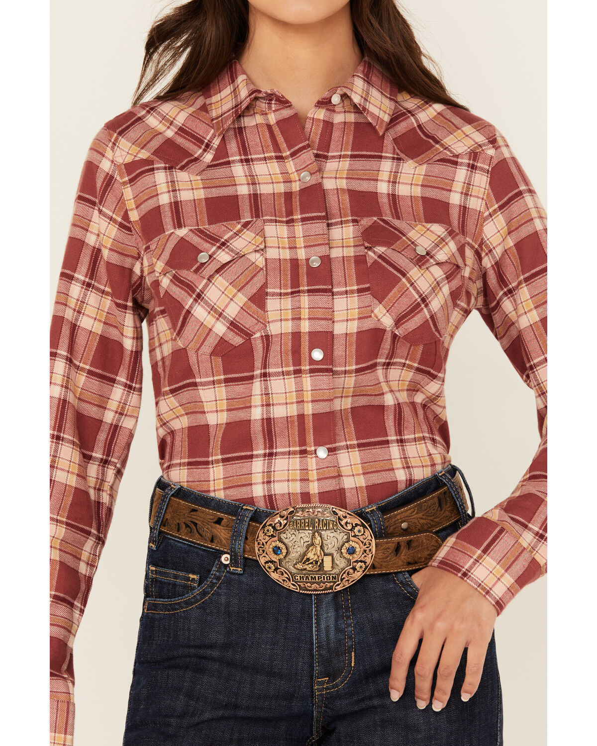 Image #3 - Wrangler Retro Women's Apple Butter Plaid Print Long Sleeve Pearl Snap Flannel Shirt, Rust Copper, hi-res