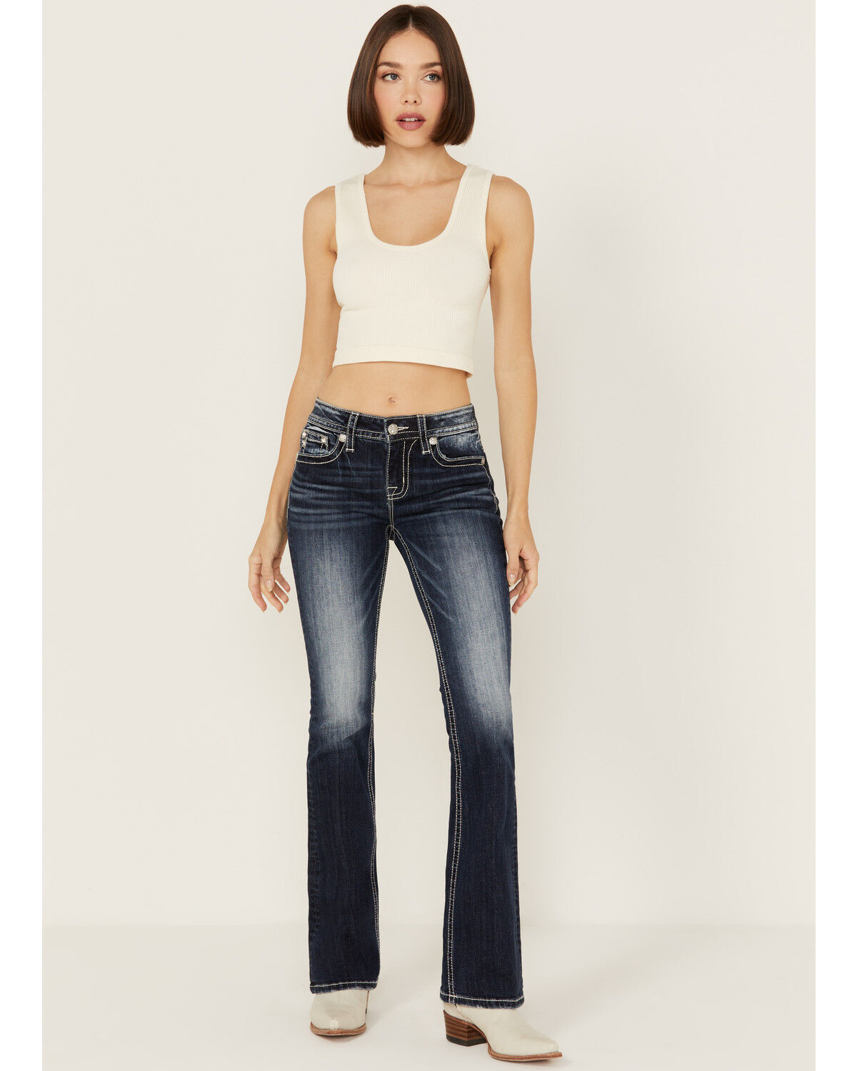 Image #3 - Miss Me Women's Dark Wash Mid Rise Angel Wing Cross Pocket Bootcut Stretch Denim Jeans, Dark Wash, hi-res