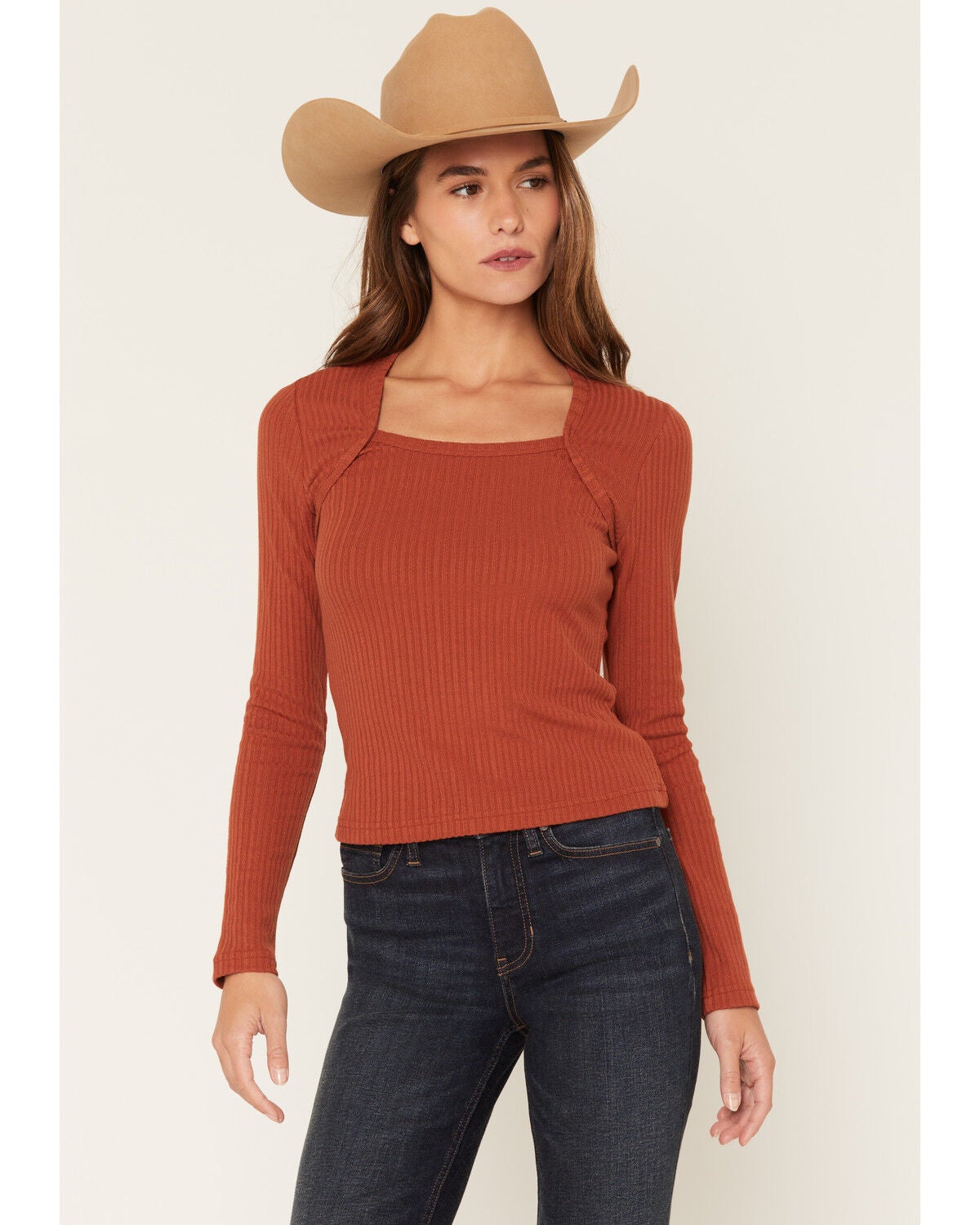 Shyanne Women's Textured Rib Knit Long Sleeve Top, Brown, hi-res