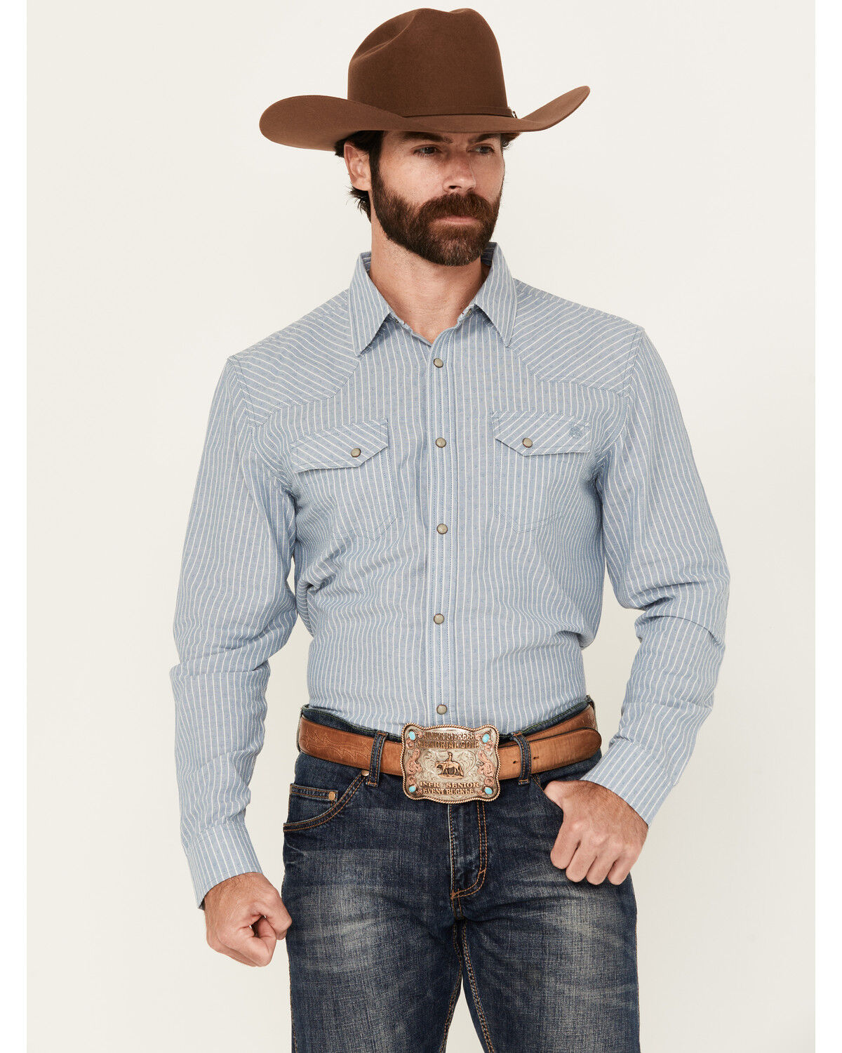 Image #1 - Blue Ranchwear Men's Bennet Striped Print Long Sleeve Snap Western Shirt, Light Blue, hi-res