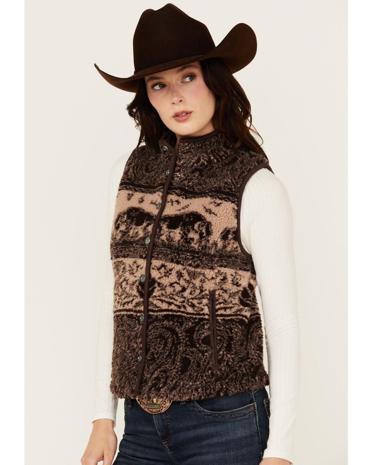 Image #2 - Shyanne Women's Buffalo Print Snap Sherpa Vest, Chocolate, hi-res