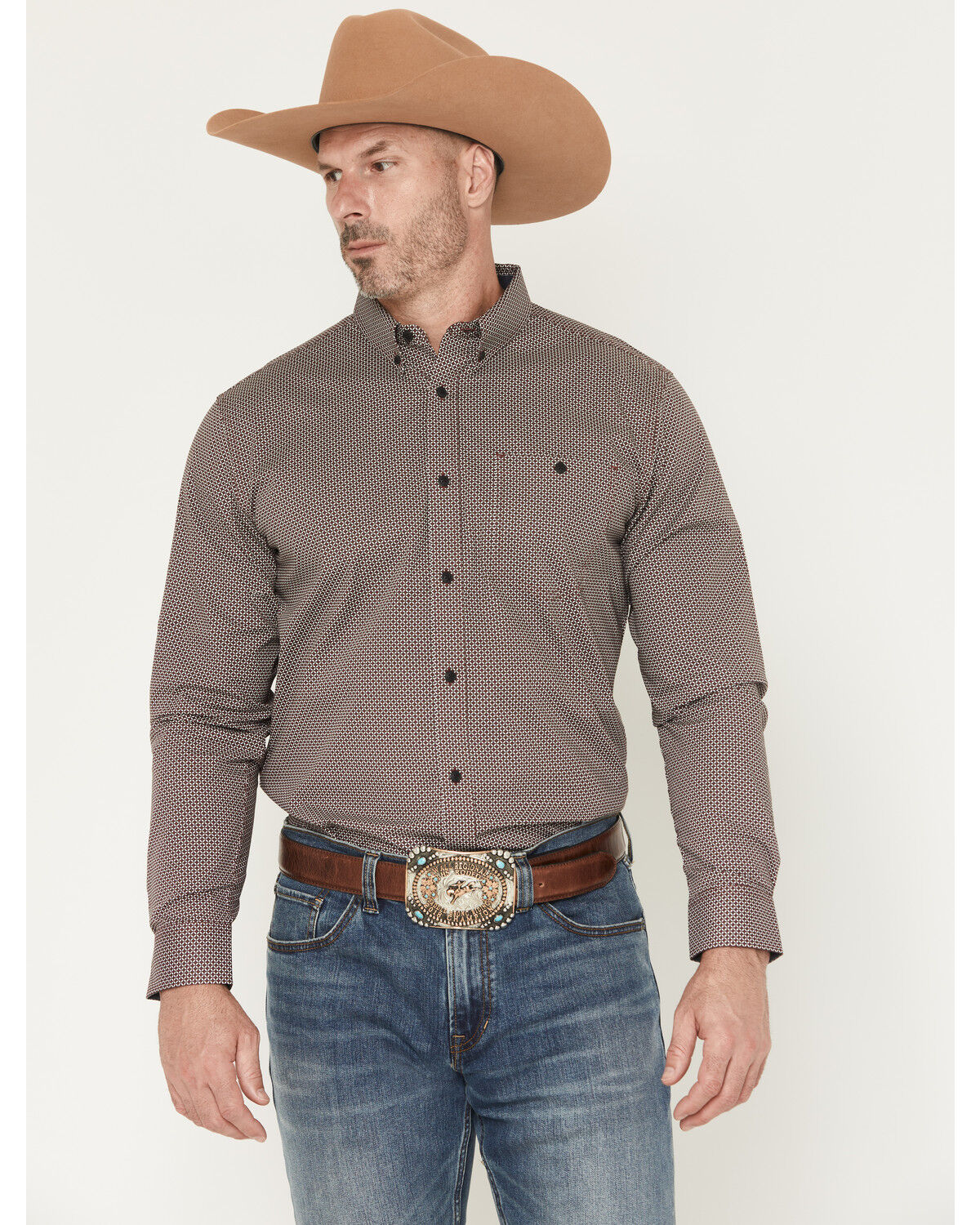 Image #1 - RANK 45® Men's Kings Canyon Micro Geo Print Long Sleeve Button-Down Stretch Western Shirt, Burgundy, hi-res