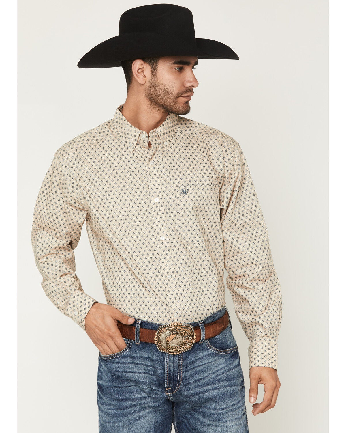 Ariat Men's Stu Geo Print Long Sleeve Button-Down Western Shirt, Tan, hi-res