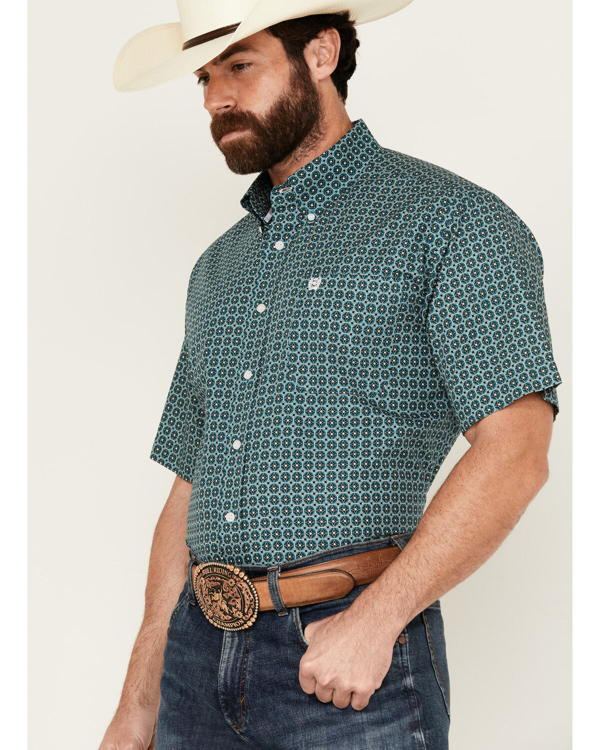 Image #2 - Cinch Men's Geo Print Short Sleeve Button-Down Western Shirt, Teal, hi-res