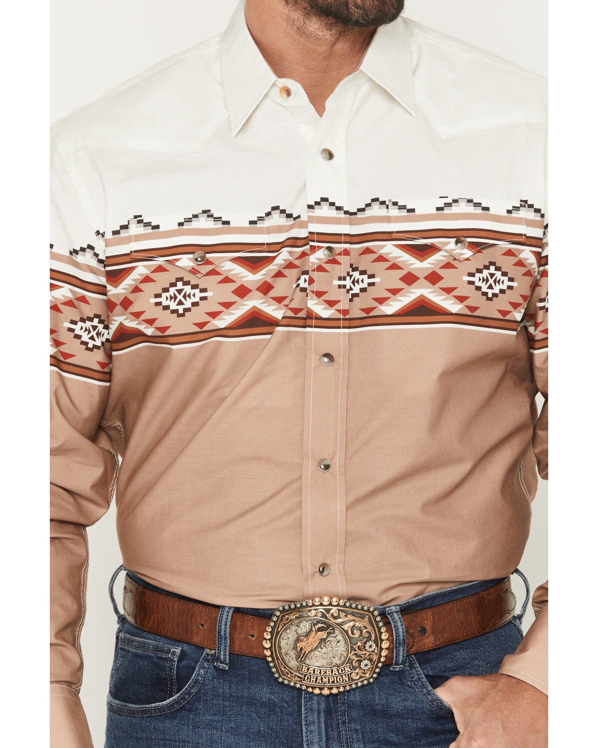 Image #3 - Rodeo Clothing Men's Southwestern Border Print Long Sleeve Snap Western Shirt, Camel, hi-res