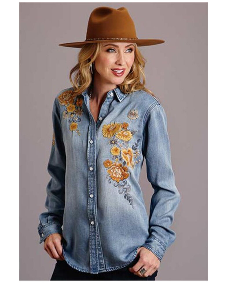Stetson Women's Light Wash Floral Embroidered Denim Long Sleeve Western ...