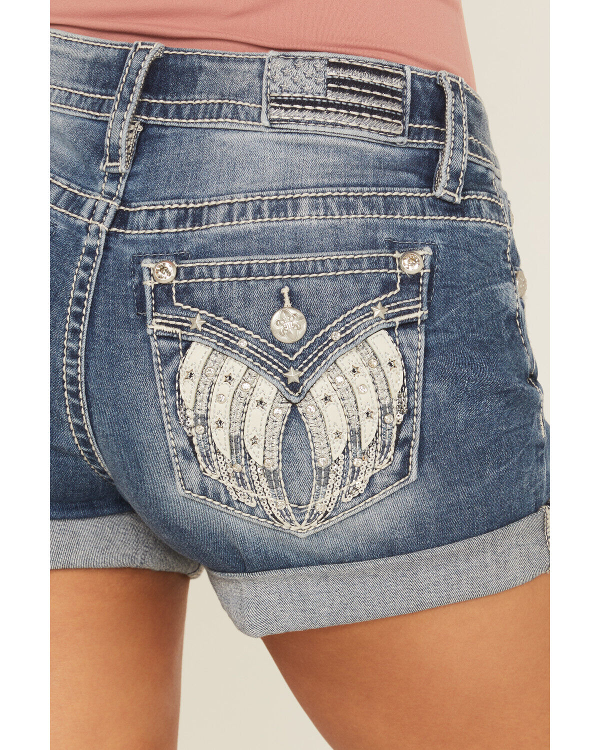 Image #2 - Miss Me Women's Medium Wash Mid Rise Rolled Hem Denim Shorts, Medium Wash, hi-res