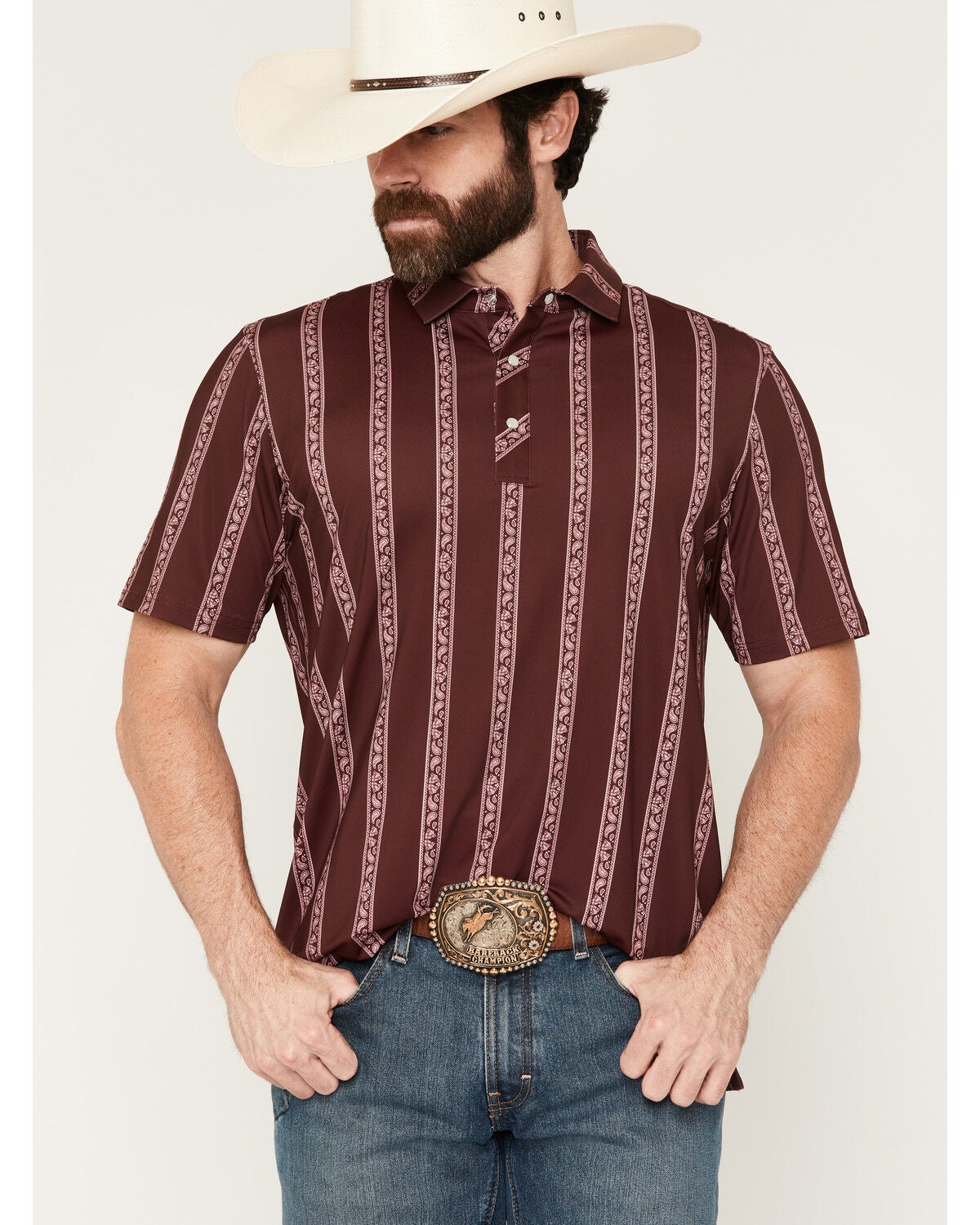 Ferrell Men's Hays Striped Print Short Sleeve Snap Stretch Polo Shirt, Maroon, hi-res