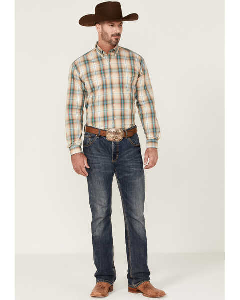 Image #2 - Roper Men's Saddle Large Plaid Print Long Sleeve Button Down Western Shirt , Tan, hi-res