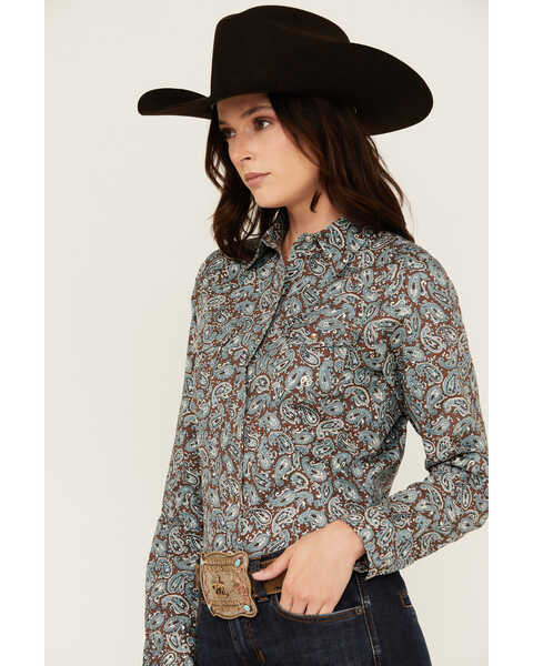 Image #2 - Roper Women's Paisley Print Long Sleeve Pearl Snap Western Shirt, Turquoise, hi-res