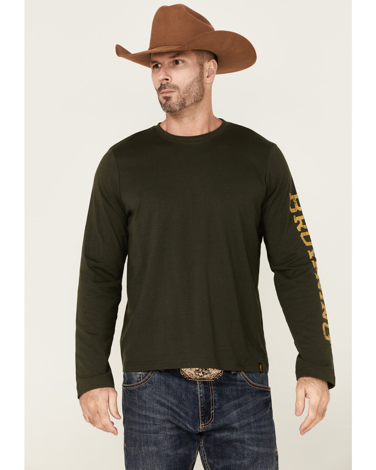 Image #1 - Browning Men's Solid Logan Logo Graphic Lightweight Long Sleeve T-Shirt, Dark Green, hi-res