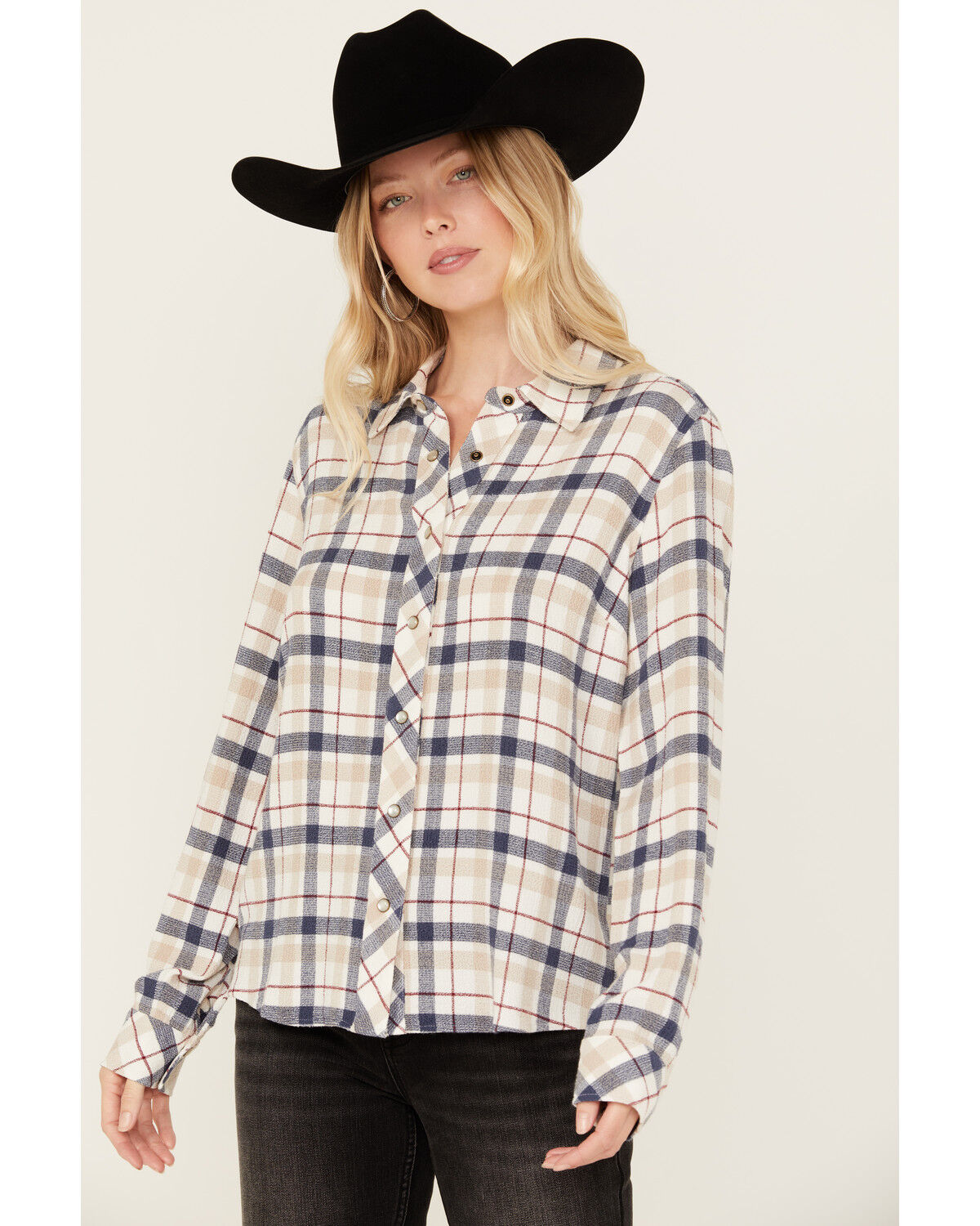 Image #1 - Idyllwind Women's Binkley Plaid Print Long Sleeve Pearl Snap Western Shirt, Ivory, hi-res
