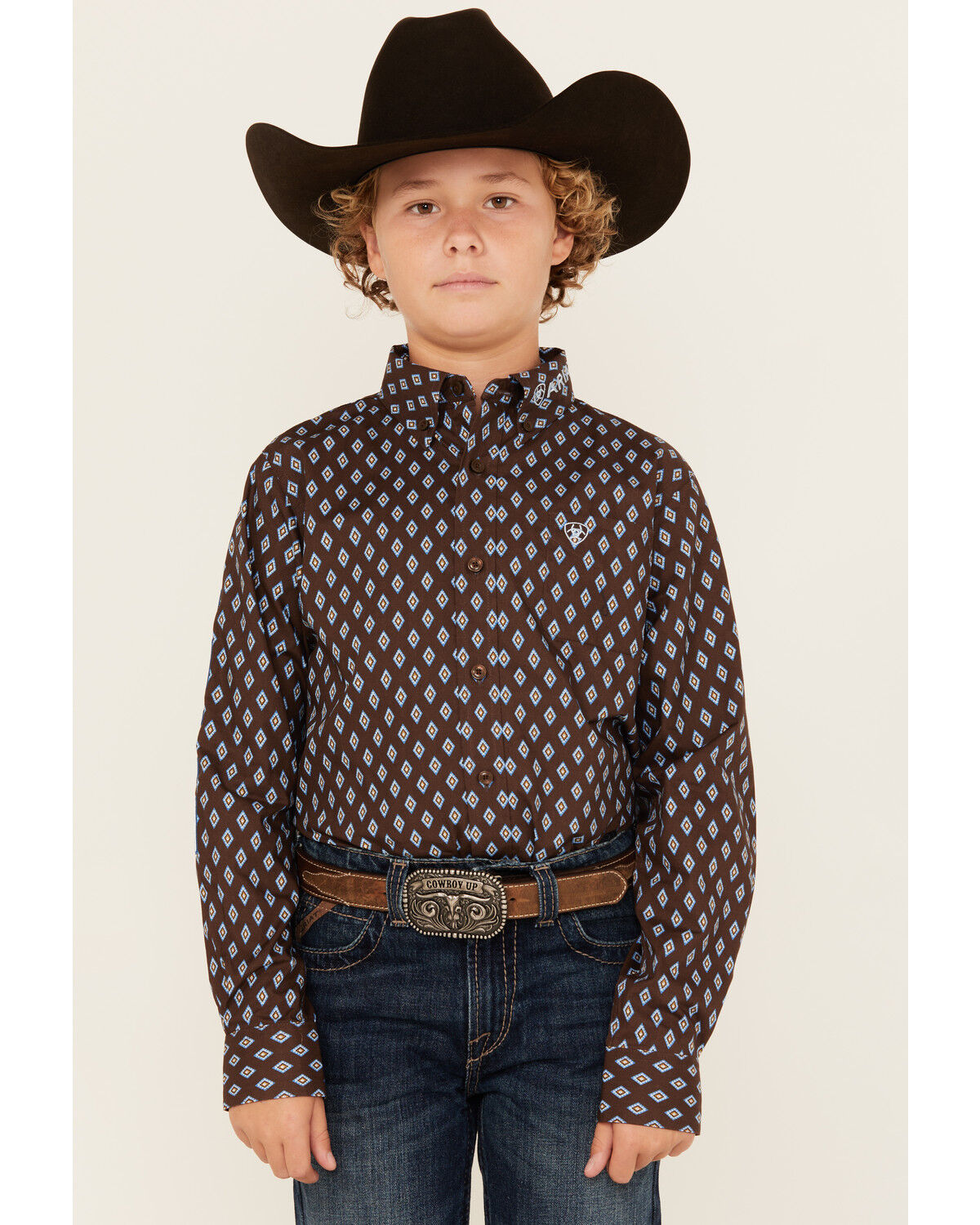 Image #1 - Ariat Boys' Logo Team Geo Print Long Sleeve Button-Down Western Shirt, Brown, hi-res