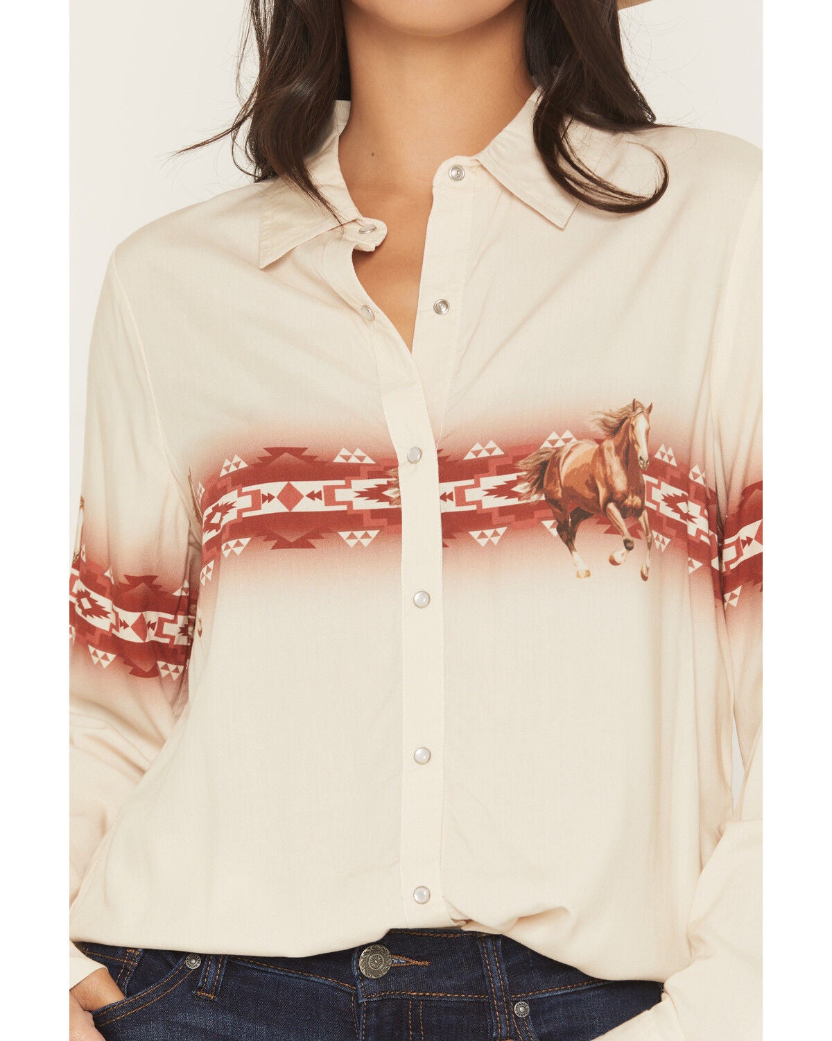 Image #3 - Rock & Roll Denim Women's Running Horse Border Print Oversized Long Sleeve Pearl Snap Western Shirt, Beige, hi-res