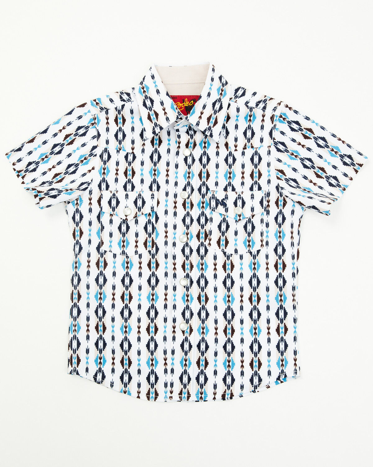 Image #1 - Rodeo Clothing Little Boys' Striped Southwestern Print Short Sleeve Snap Stretch Western Shirt, White, hi-res