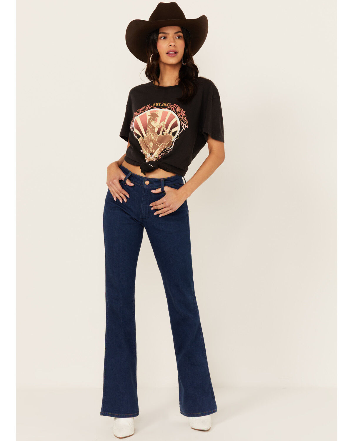 Image #1 - Wrangler Women's Dark Westward Mid Rise Bootcut Denim Stretch Jeans, Dark Wash, hi-res