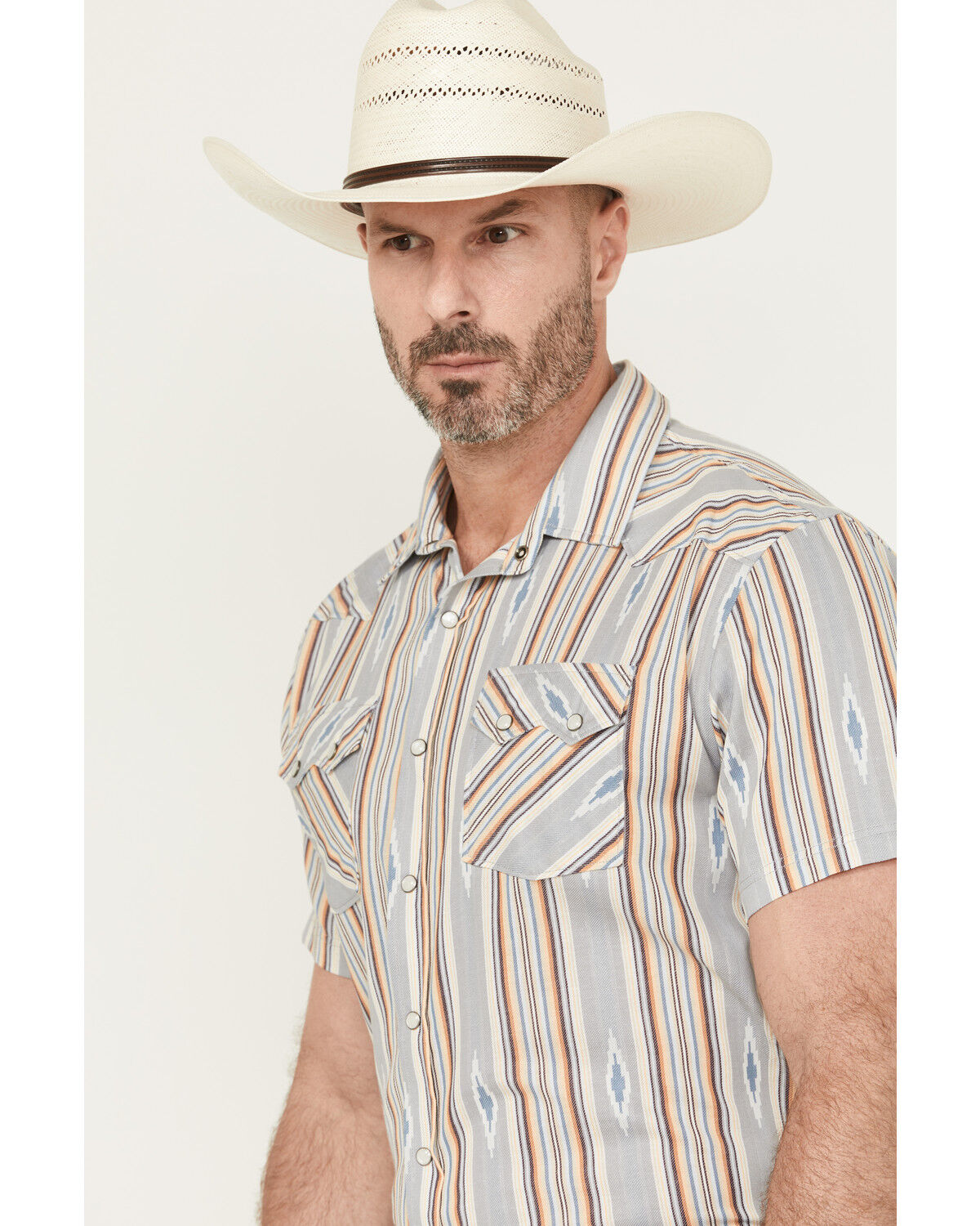 Image #2 - Panhandle Men's Southwestern Striped Short Sleeve Snap Western Shirt, Grey, hi-res