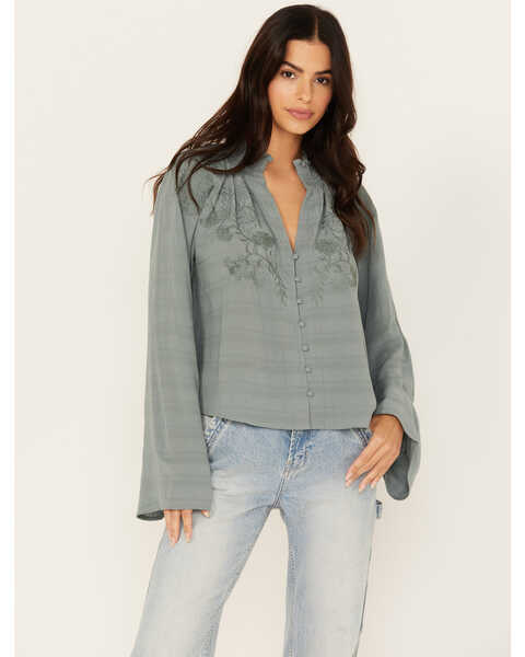 Image #1 - Cleo + Wolf Women's Cropped Button-Down Blouse , Steel Blue, hi-res
