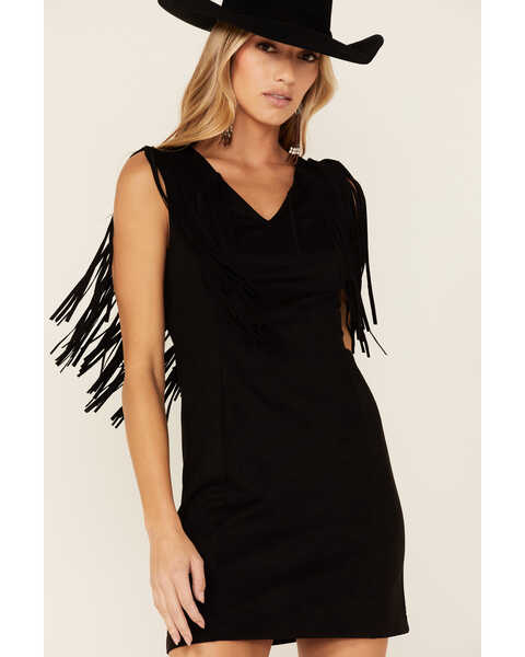 Image #2 - Idyllwind Women's Lady Bird Faux Suede Fringe Muscle Sleeve Dress, Black, hi-res