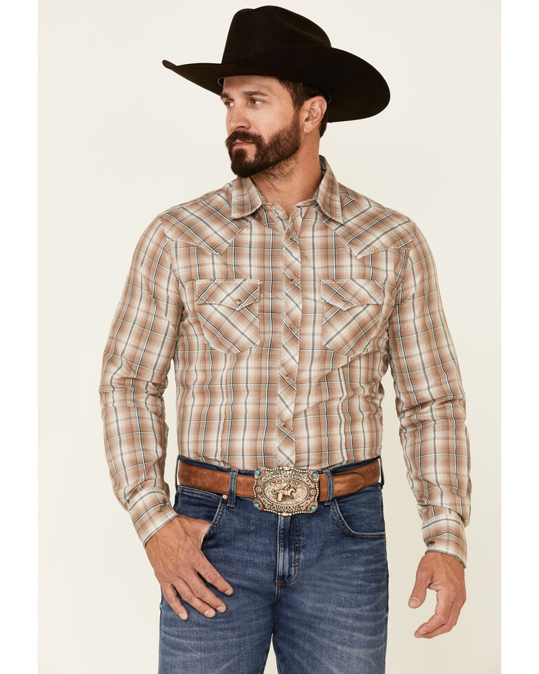 Wrangler Men's Tan Plaid Long Sleeve Fashion Snap Western Shirt , Tan, hi-res