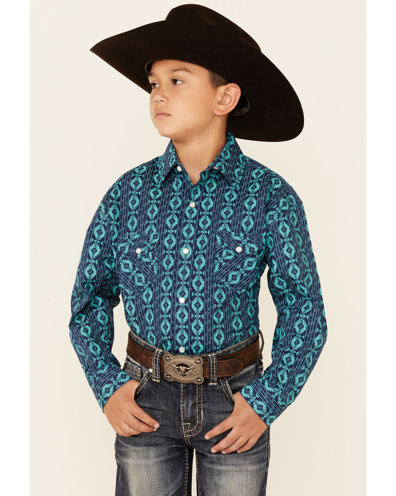 Rough Stock By Panhandle Boys' Navy Southwestern Stripe Long Sleeve Snap Western Shirt , Navy, hi-res