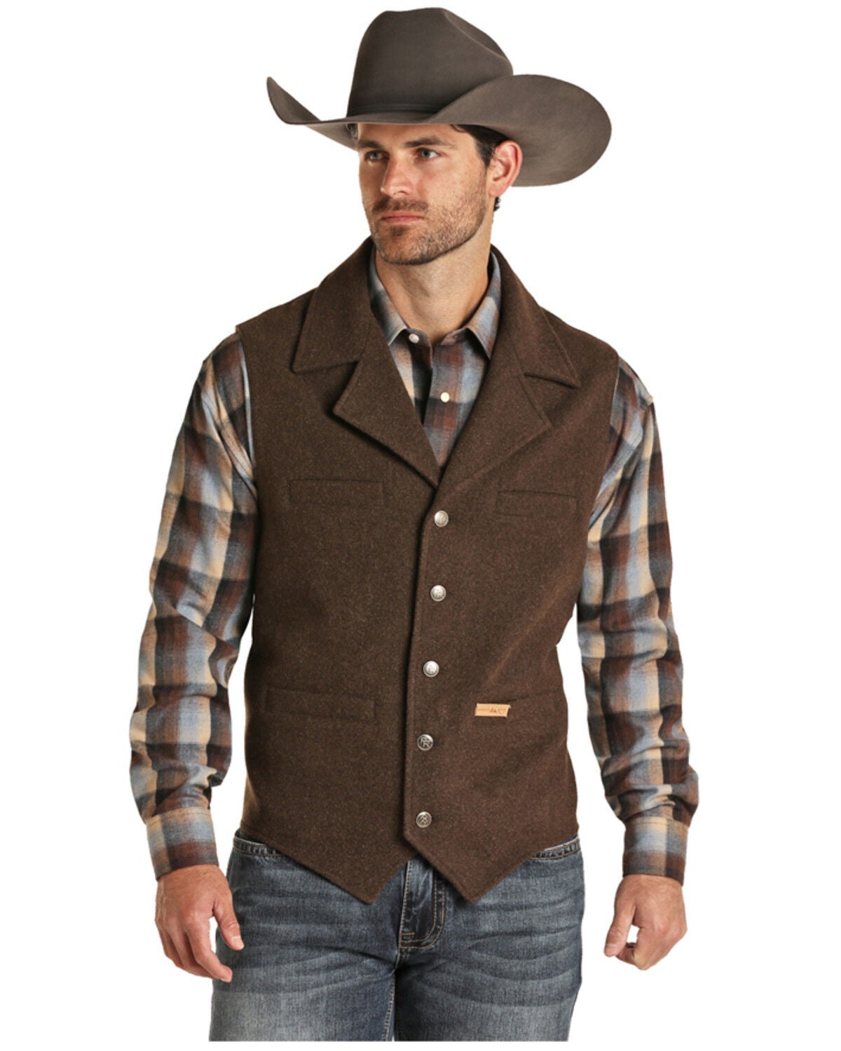 Powder River Outfitters Men's Heather Grey Montana Wool Vest, Brown, hi-res