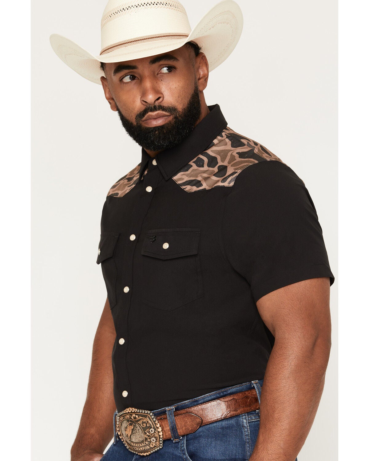 Image #2 - Burlebo Men's Camo Color Block Short Sleeve Snap Performance Western Shirt, Black, hi-res