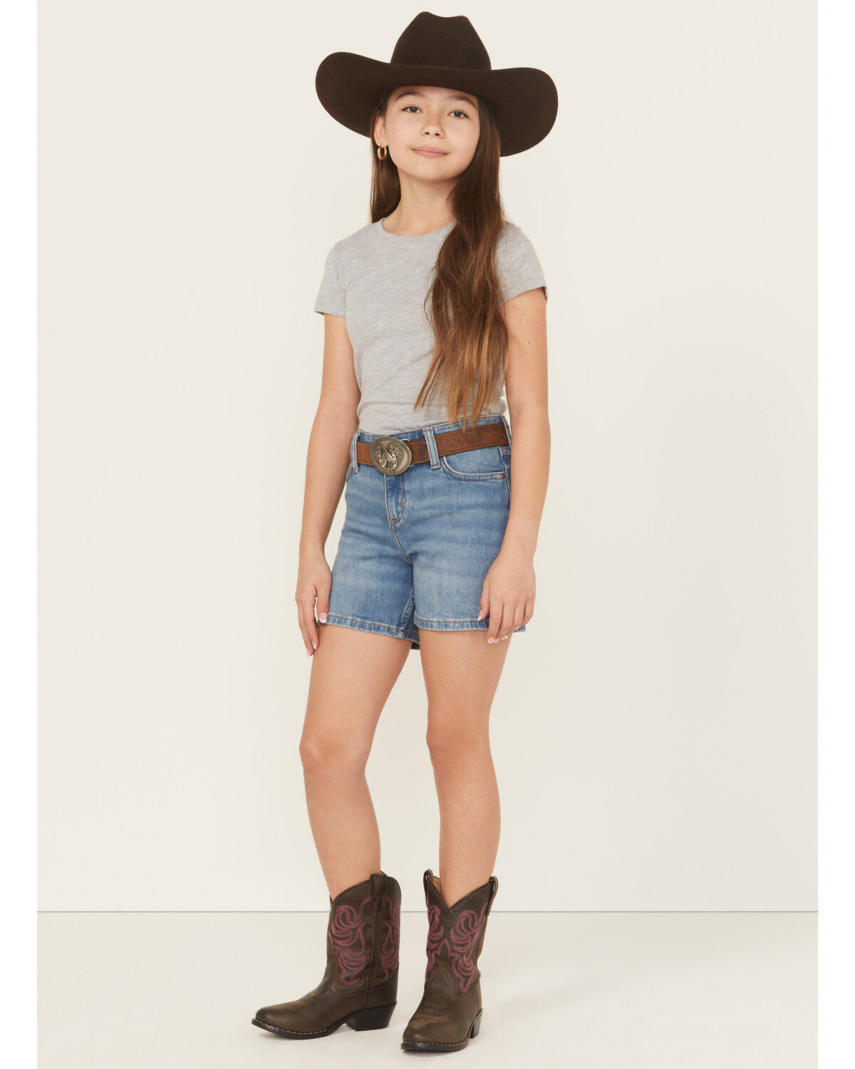 Image #1 - Wrangler Girls' Medium Wash Stretch Denim Shorts, Medium Wash, hi-res