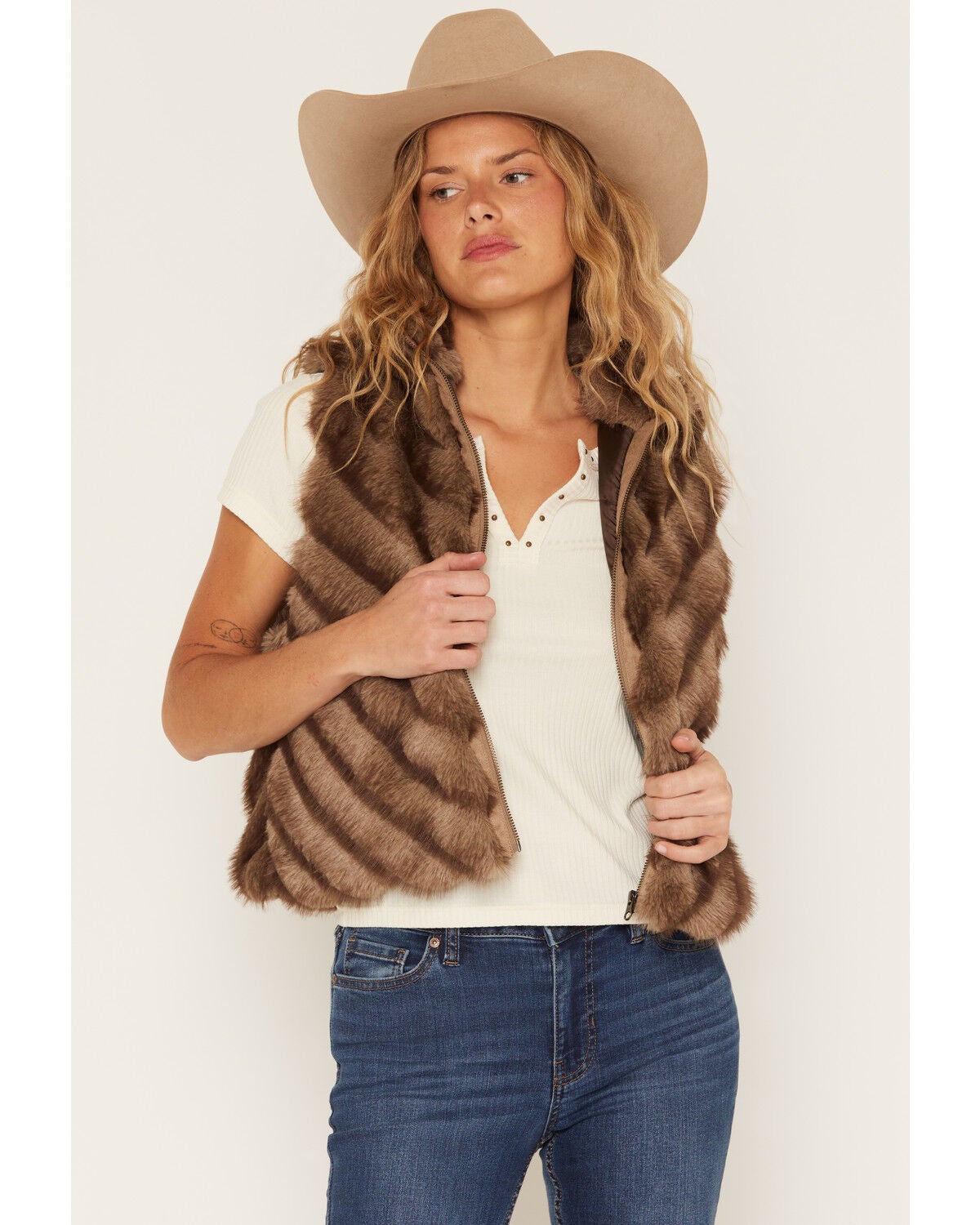 Image #1 - Cripple Creek Women's Faux Fur Zip-Up Vest, Brown, hi-res