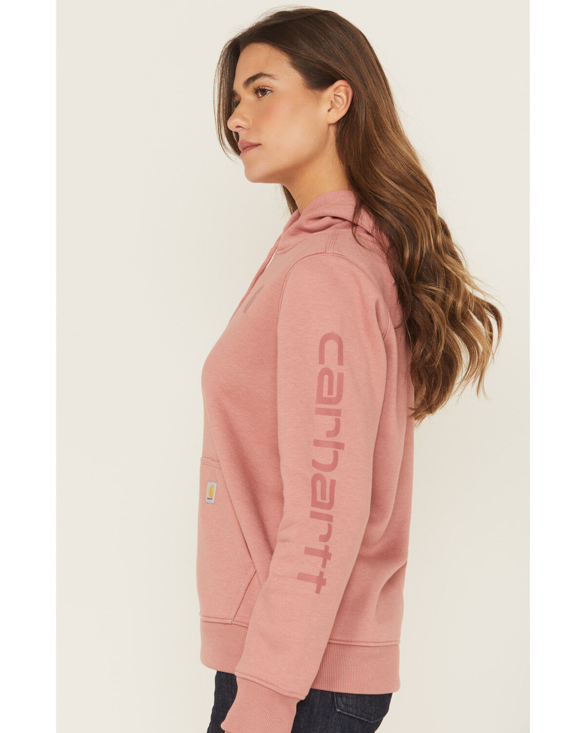 Image #2 - Carhartt Women's Relaxed Fit Midweight Logo Sleeve Graphic Hoodie, Rose, hi-res