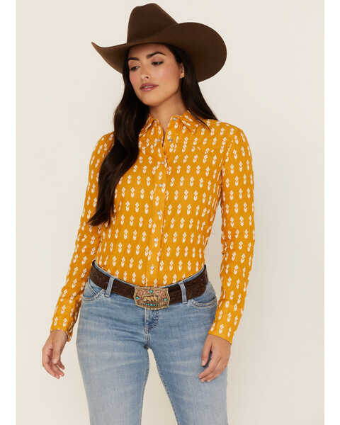 Stetson Women's Southwestern Embroidered Western Pearl Snap Shirt, Yellow, hi-res