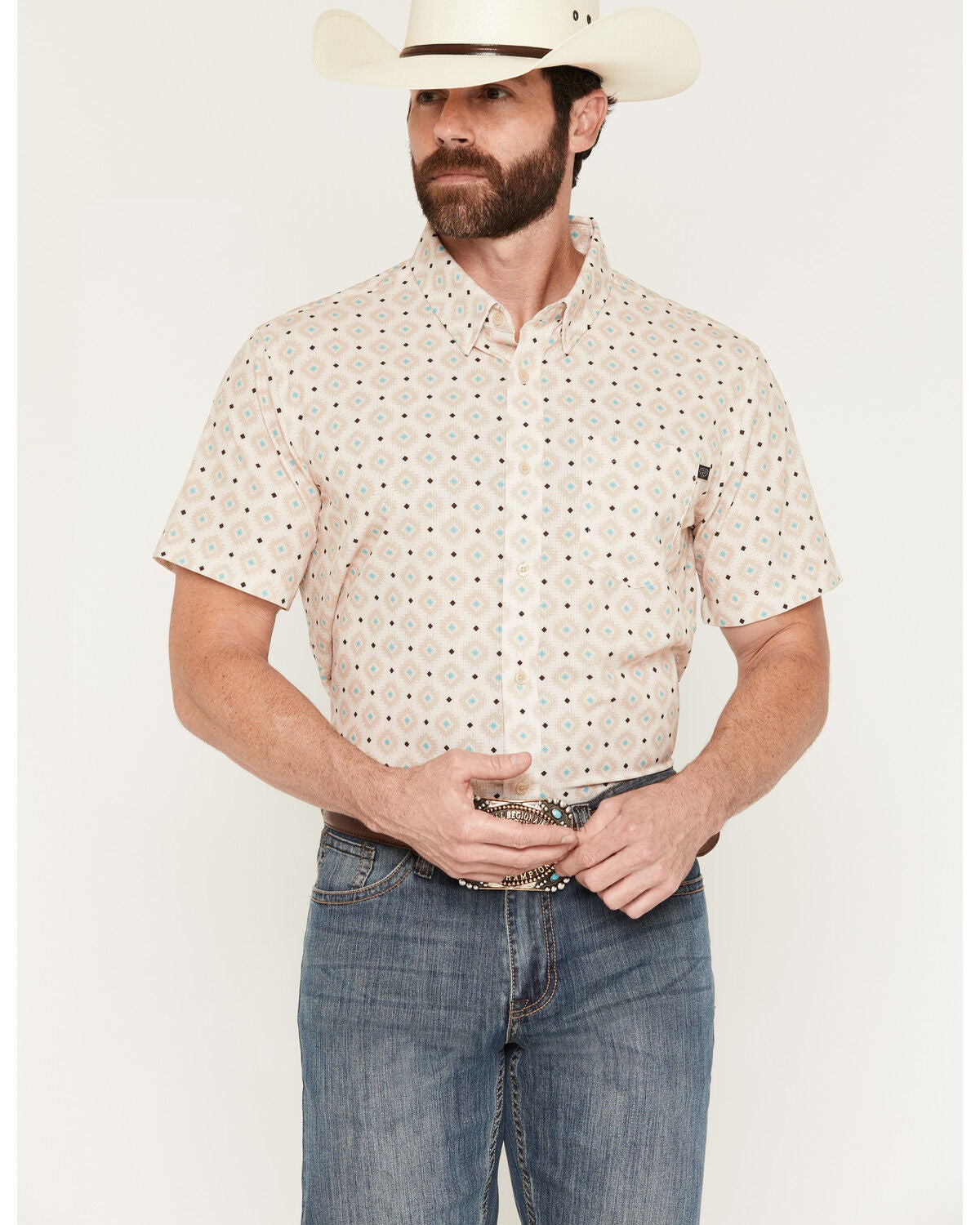 Image #1 - Rock & Roll Denim Men's TEK Medallion Print Short Sleeve Button-Down Performance Western Shirt, Natural, hi-res