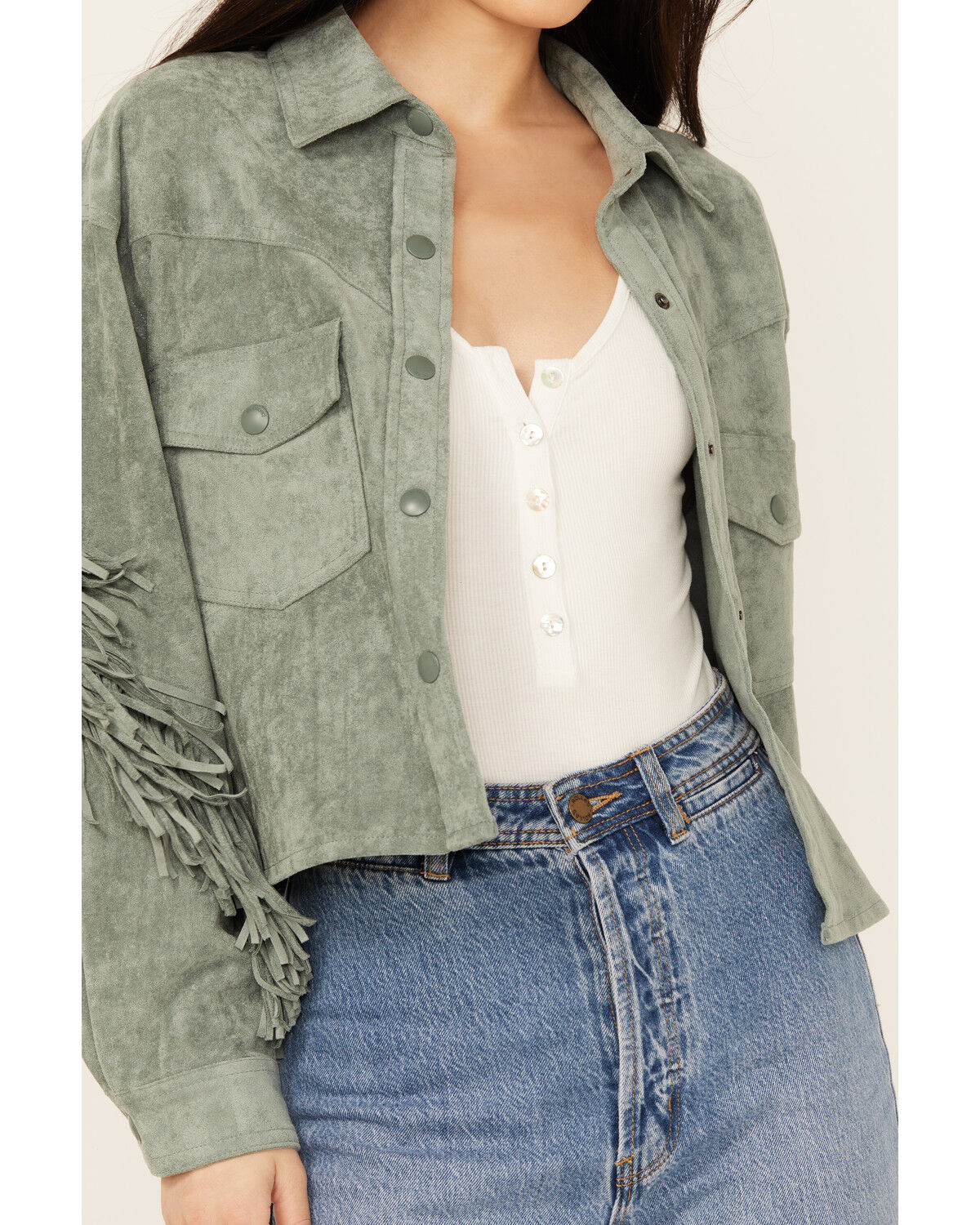 Image #3 - BLANKNYC Women's Faux Suede Fringe Jacket, Green, hi-res