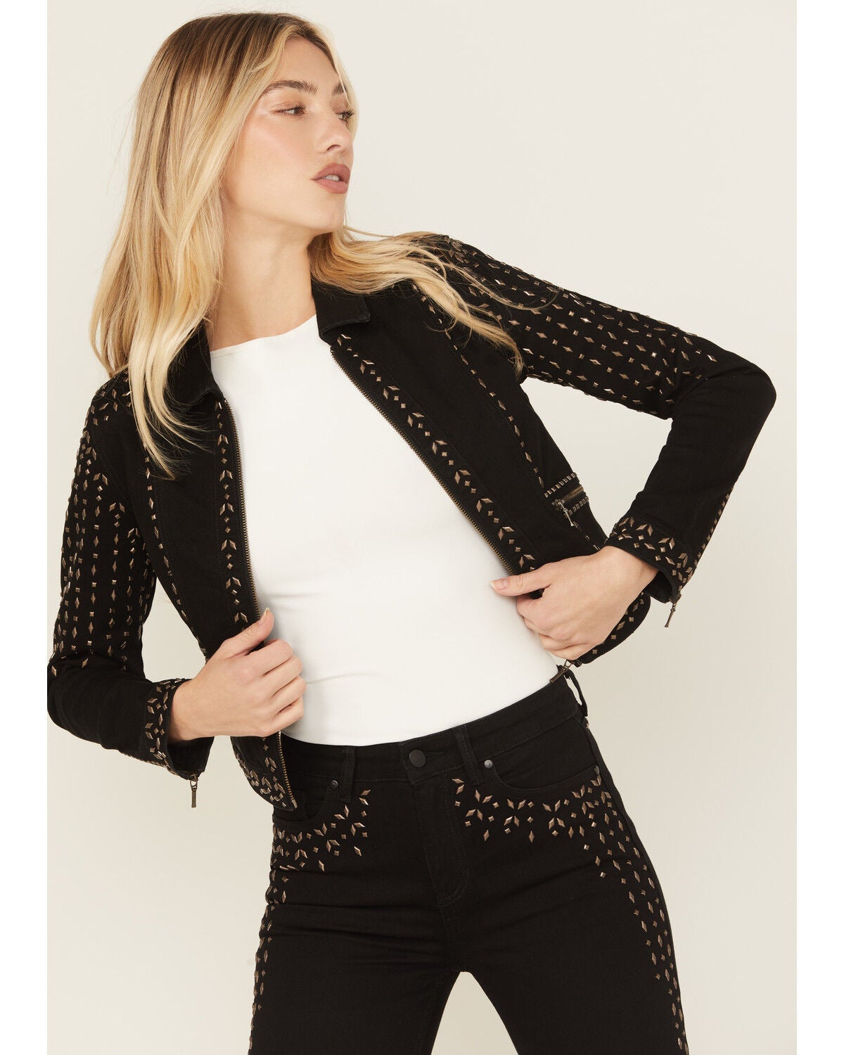 Wonderwest Women's Rigid Like Black Studded Jacket, Black, hi-res