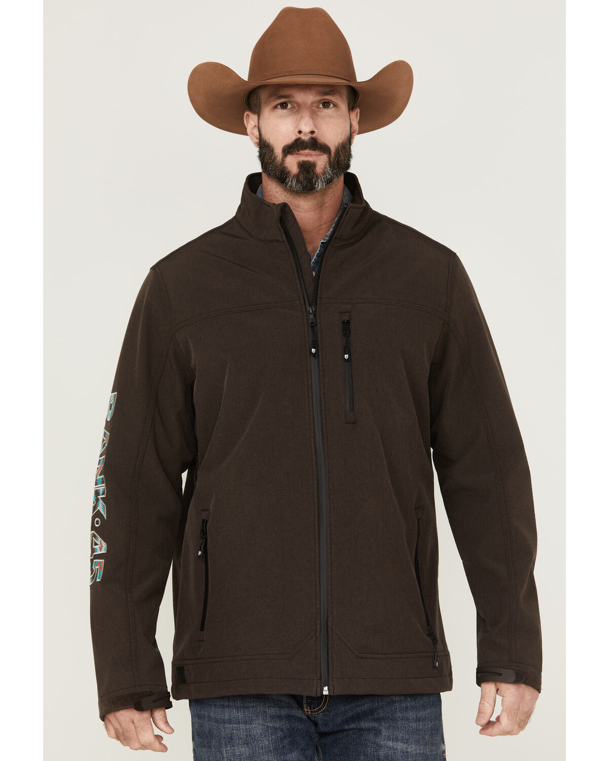 Image #1 - RANK 45® Men's Rodeo Southwestern Logo Sleeve Zip-Front Softshell Jacket, , hi-res