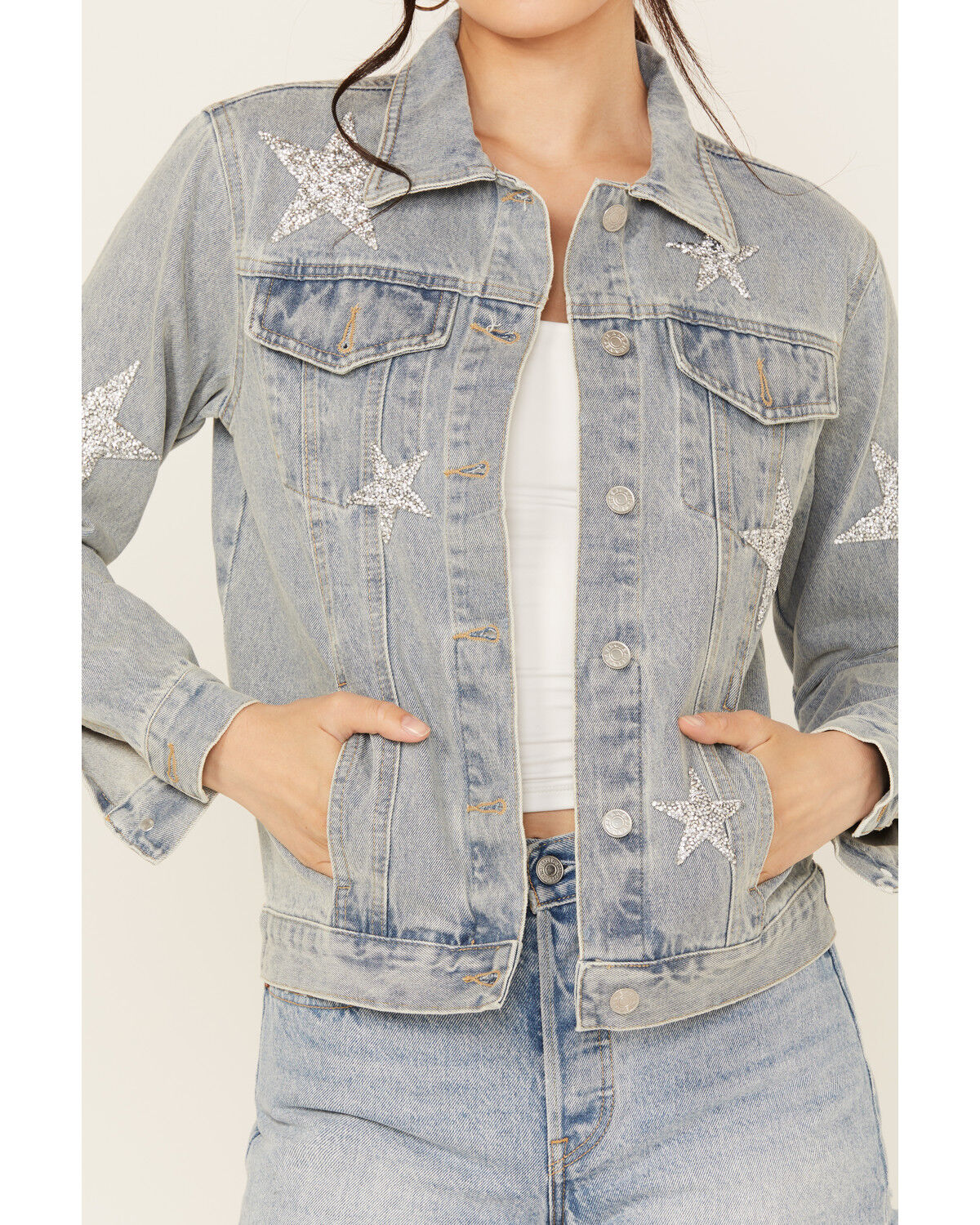 Image #3 - Blue B Women's Light Wash Embellished Star Button-Down Denim Jacket, Light Wash, hi-res
