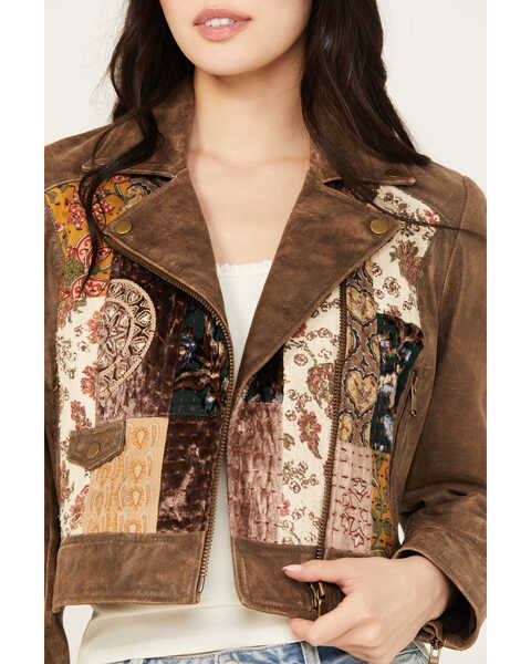 Image #3 - Cleo + Wolf Women's Patchwork Leather Moto Jacket, Brown, hi-res