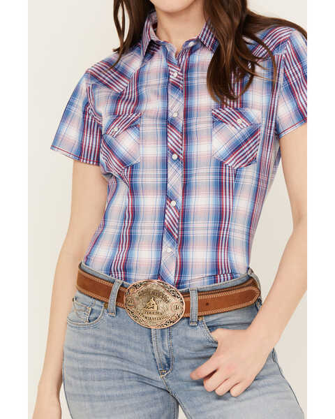 Image #3 - Rough Stock by Panhandle Plaid Print Short Sleeve Stretch Pearl Snap Western Shirt , Multi, hi-res