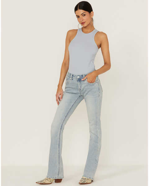Image #3 - Grace in LA Women's Fleur De Lis Pocket Southwestern Bootcut Jeans, Blue, hi-res