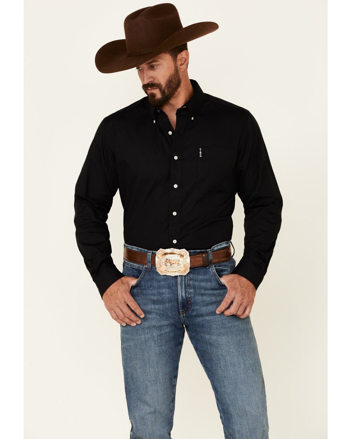 Cinch Men's Modern Fit Solid Long Sleeve Button-Down Western Shirt, Black, hi-res