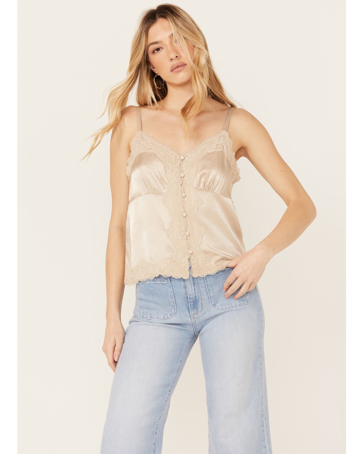Shyanne Women's Lace Trim Satin Cami, Taupe, hi-res