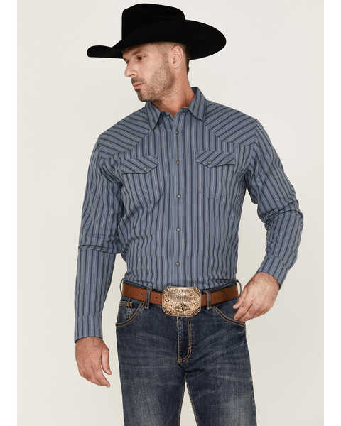 Image #2 - Blue Ranchwear Men's Yarn-Dye Stripe Long Sleeve Snap Western Workshirt , Indigo, hi-res