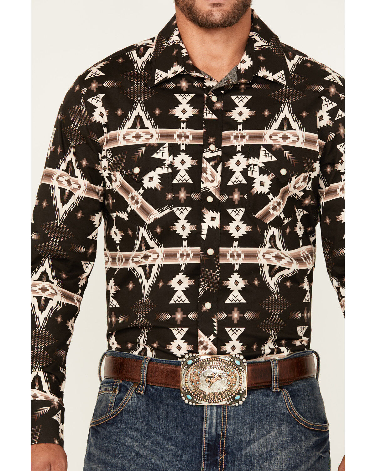 Image #3 - Rock & Roll Denim Men's Southwestern Print Long Sleeve Snap Stretch Western Shirt, Brown, hi-res