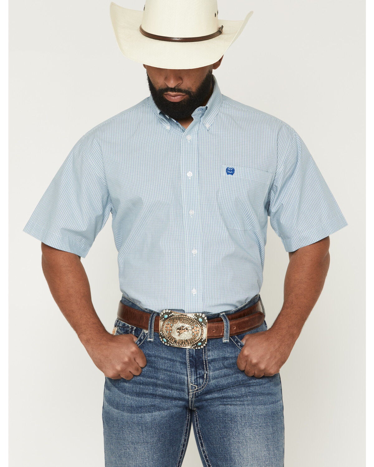 Image #1 - Cinch Men's Micro Plaid Print Short Sleeve Button-Down Western Shirt, White, hi-res