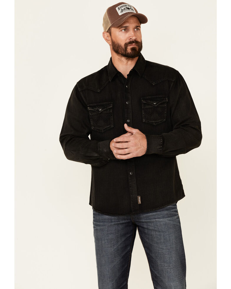 Wrangler Retro Men's Black Denim Long Sleeve Snap Western Shirt , Black, hi-res
