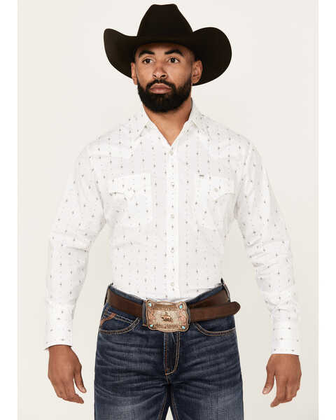 Ely Walker Men's Diamond Southwestern Print Long Sleeve Snap Western Shirt , White, hi-res