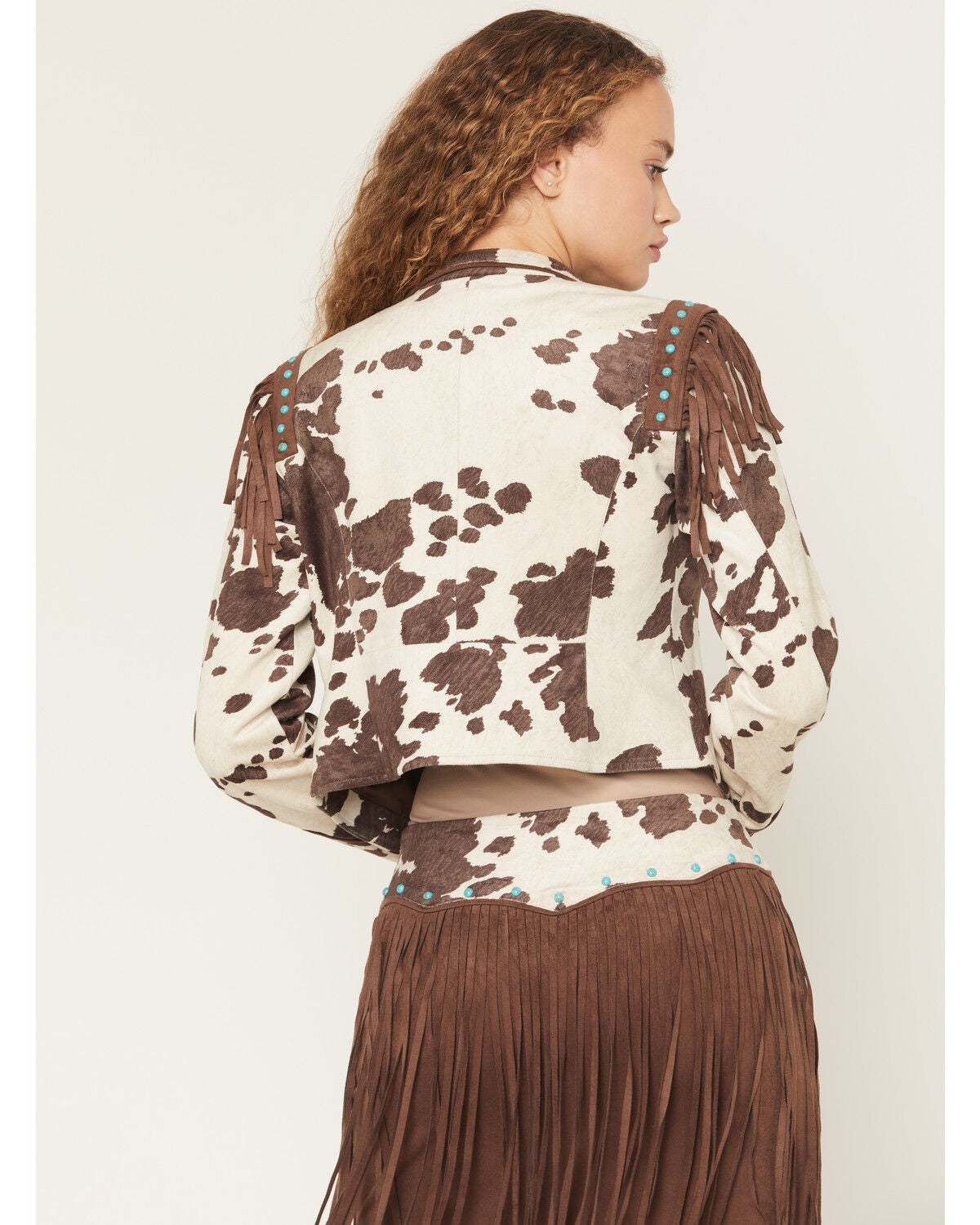 Image #4 - Shyanne Women's Porter Cow Print Faux Suede Embellished Fringe Moto Jacket, Brown, hi-res
