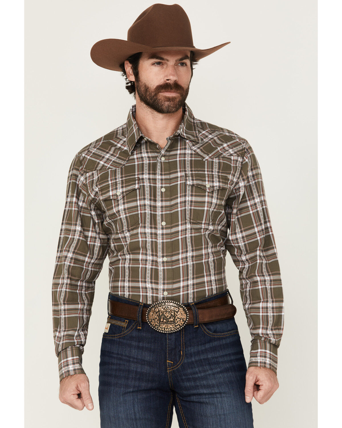 Image #1 - Wrangler Retro Men's Plaid Print Long Sleeve Snap Western Shirt, Brown, hi-res