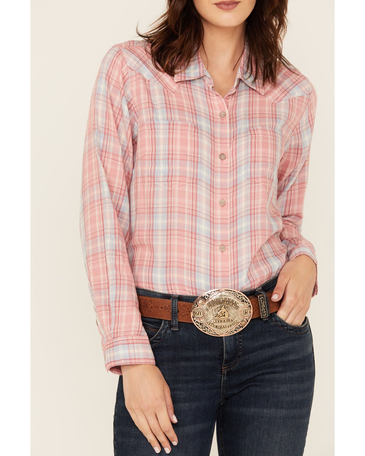 Image #3 - Ariat Women's Billie Jean Plaid Print Long Sleeve Button-Down Western Shirt, Rose, hi-res
