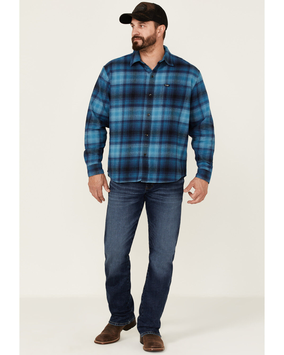 Image #2 - Wrangler X Fender Men's Plaid Tour Back Patch Button-Down Shirt Flannel Jacket, Navy, hi-res